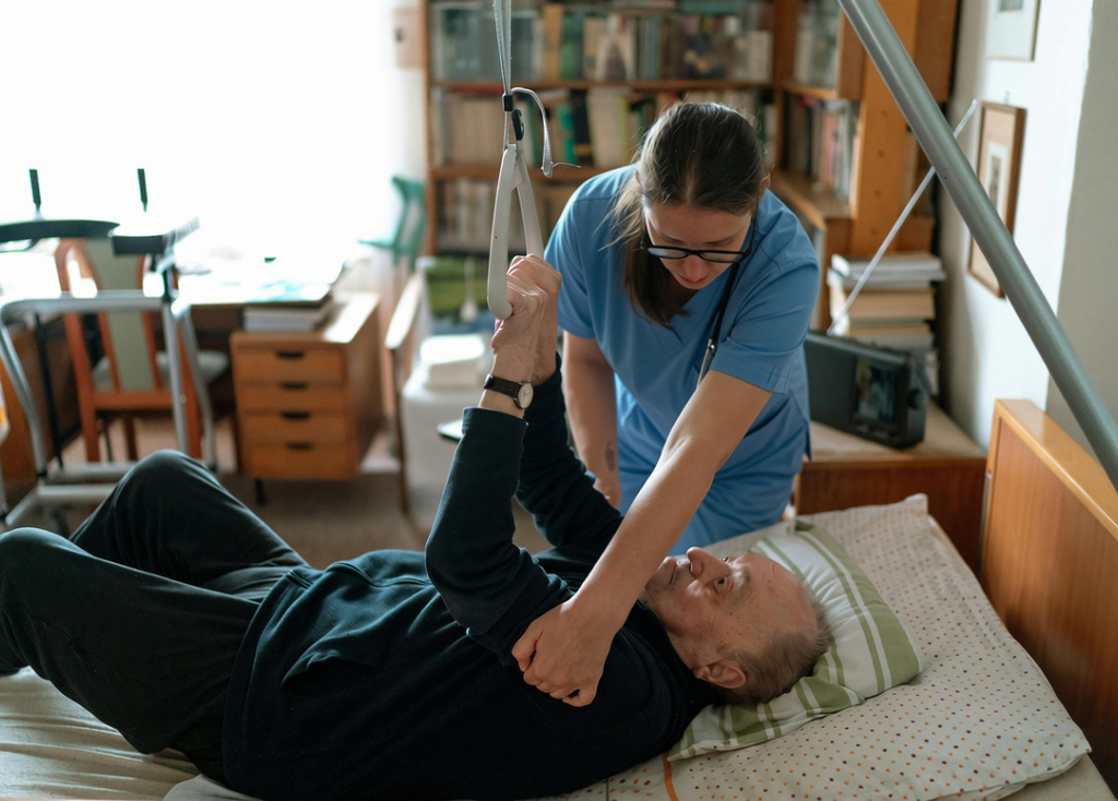 A carer supporting a client during a home visit
